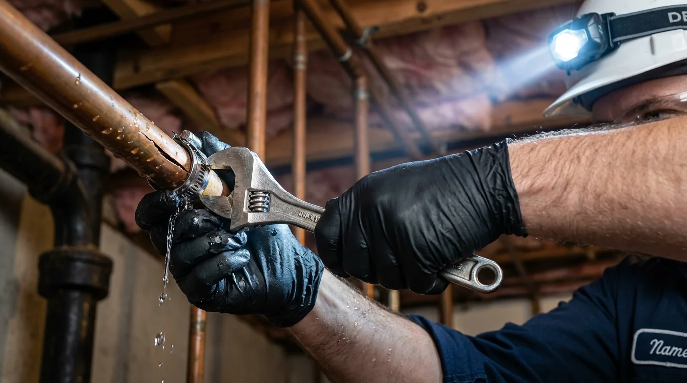 Emergency pipe clamp repair being performed by a Johns Plumbing LLC plumber in Isle of Palms