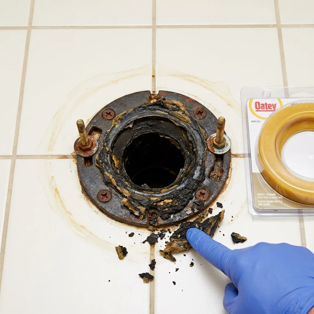 Failed wax ring showing water seepage at the base of a toilet in a Isle of Palms, SC home