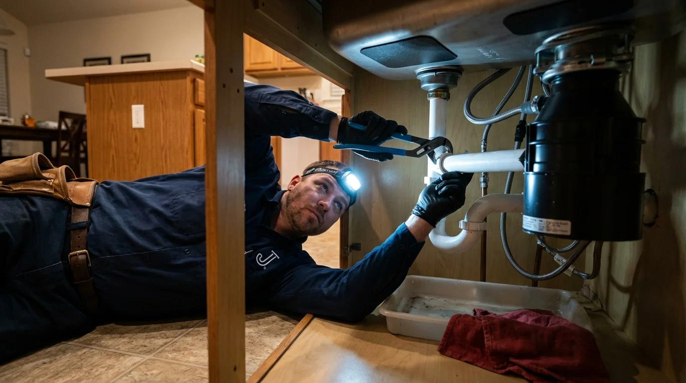 P-trap and supply line connections under a kitchen sink showing a common leak point in Isle of Palms, SC